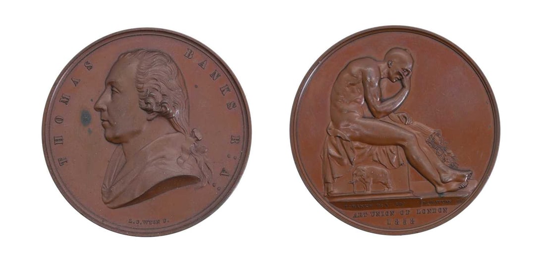 A selection of Art Union of London Bronze medallions,: A selection of Art Union of London Bronze medallions, featuring significant artists of the time including William Etty, John Gibson, Sir Joshua Reynolds, Sir George Gilbert Scott, Joseph Mallord Will