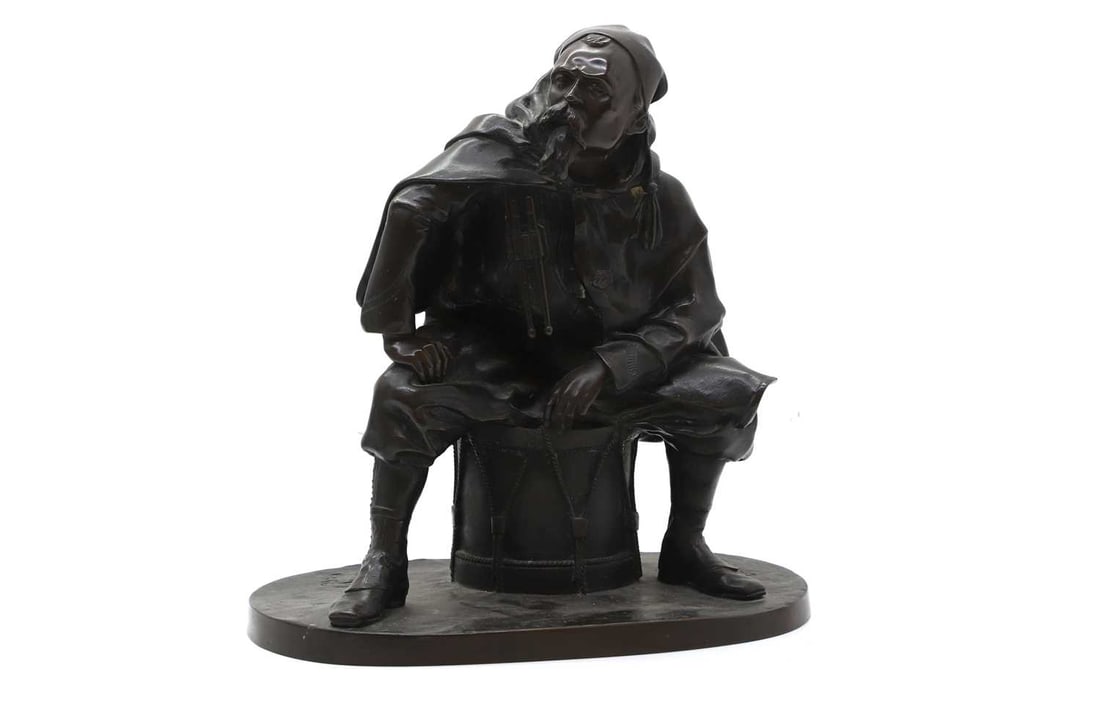 Leopold Eugene Kampf (1822-1893) French: Leopold Eugene Kampf (1822-1893) French A Military Drummer Seated on his drum, signed and with foundry mark for Alfred Dauree and dated 1886 30cm wide, 17cm deep, 30cm highProvenance: An Ea