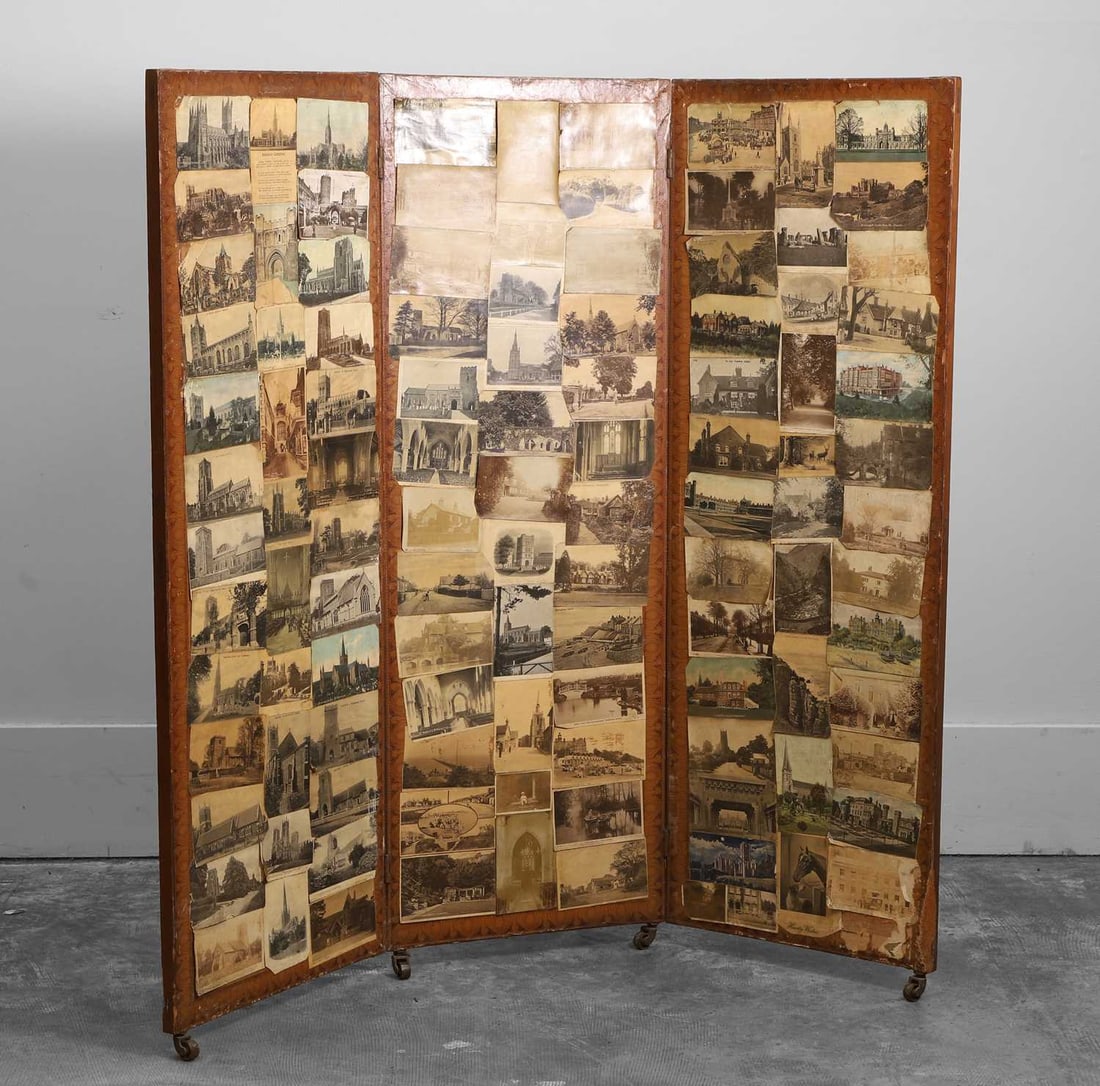 A three fold screen Early 20th century: A three fold screen Early 20th century Each panel inset with an extensive collage of topographical postcard/photographic prints, depicting churches, ruins, civic buildings and rural views, mostly of