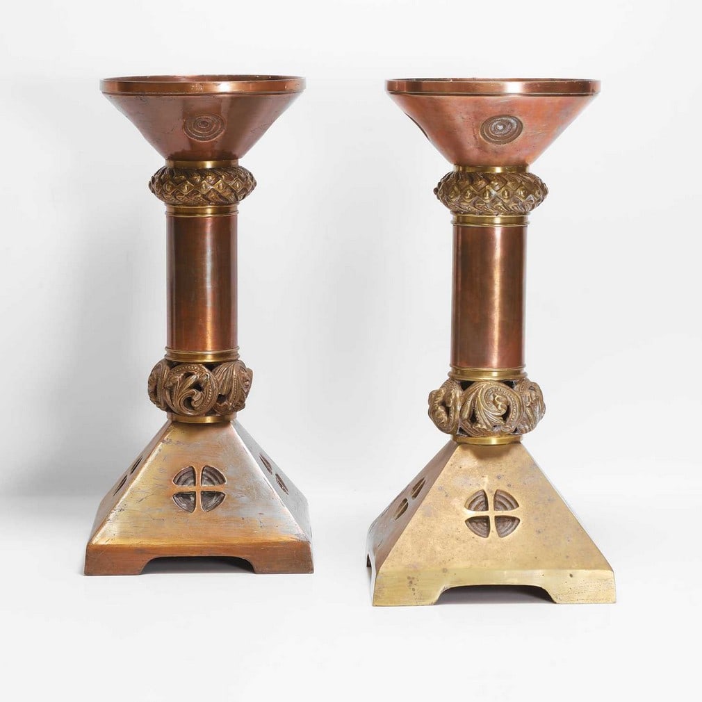Arts & Crafts A pair of ecclesiastical brass candlesticks (1 of 4)