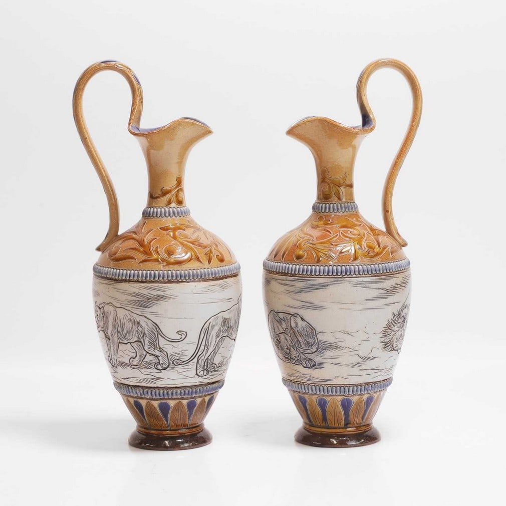 Hannah Barlow (1851-1916) for Doulton Lambeth A pair of stoneware ewers (1 of 4)