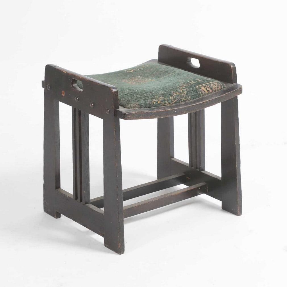 Viennese Secession An oak stool: Viennese Secession An oak stool c.1900-05, originally designed by Wilhelm Schmidt for Prag-Rudniker, Austrian, with a later upholstered seat (46cm wide, 45cm deep, 49cm high, seat 44cm) Cond