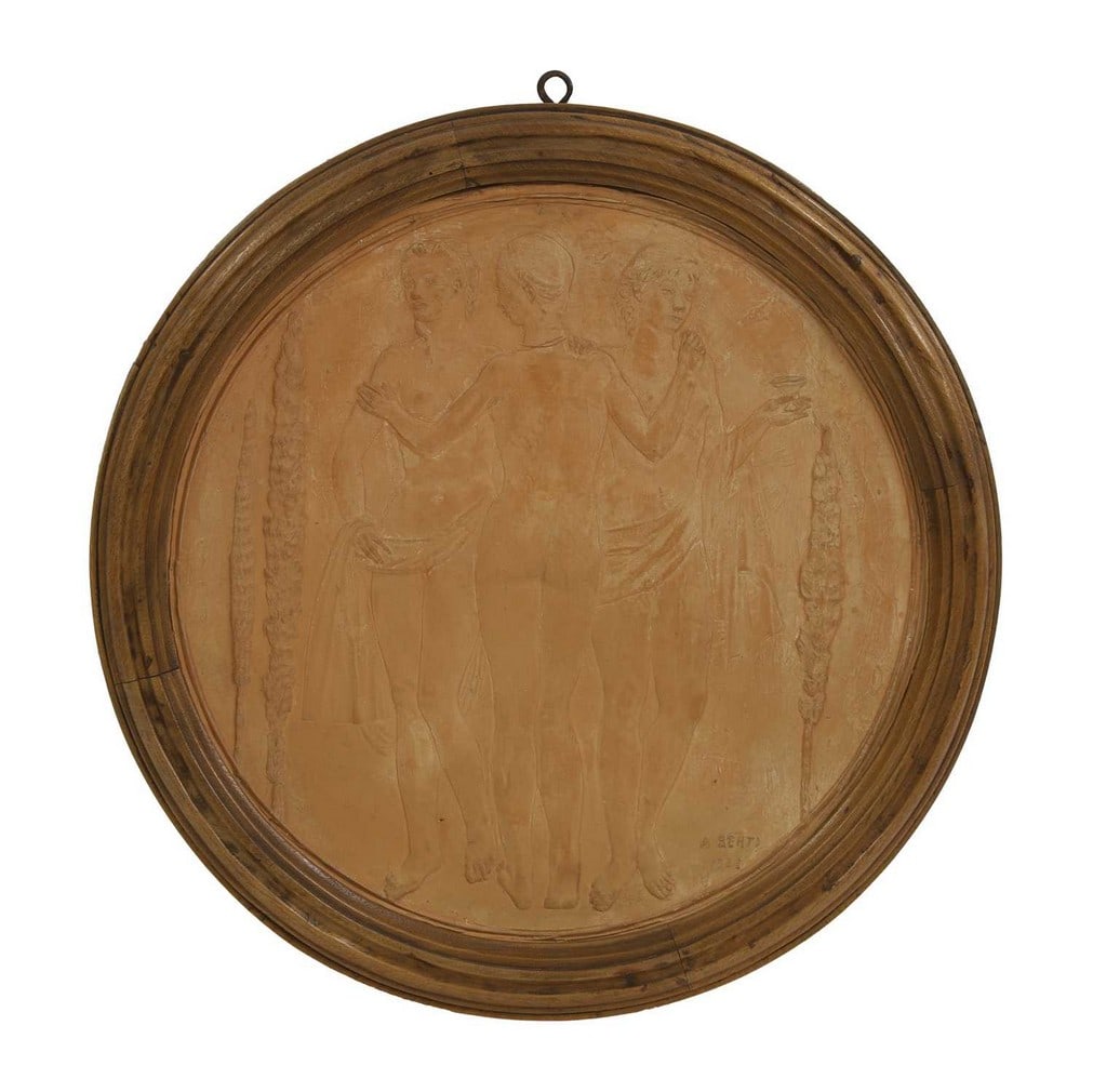 ▲ Antonio Berti (Italian, 1904-1990) 'Le Grazie' (The Three Graces): ▲ Antonio Berti (Italian, 1904-1990) 'Le Grazie' (The Three Graces) A terracotta bas relief tondo, signed A BERTI and dated 1937, framed (59cm diameter)