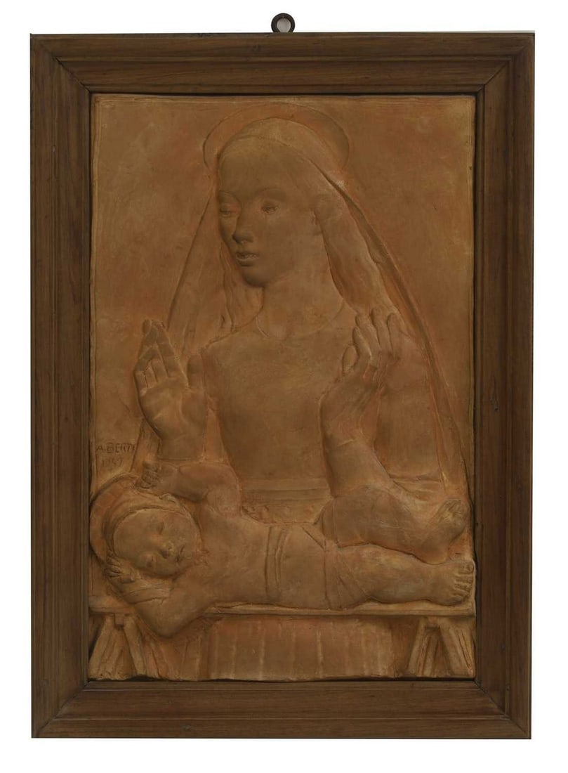 ▲ Antonio Berti (Italian, 1904-1990) 'Madonna con Bambino' (Madonna and Child): ▲ Antonio Berti (Italian, 1904-1990) 'Madonna con Bambino' (Madonna and Child) A terracotta bas relief, signed A BERTI and dated 1947, framed (46cm x 64.5cm)
