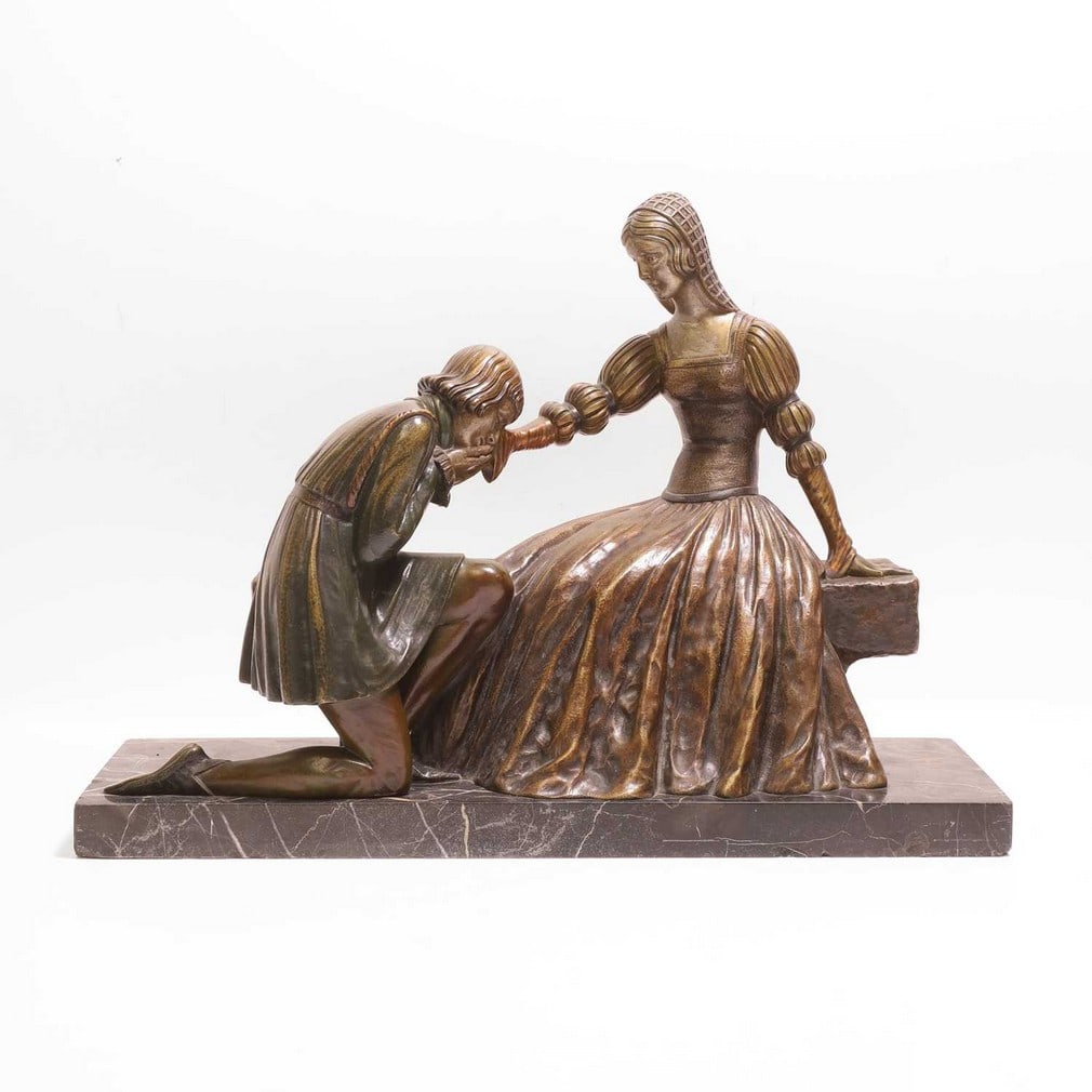 Demétre Chiparus (Romanian, 1886-1947) 'Idyll': Demétre Chiparus (Romanian, 1886-1947) 'Idyll' A French Art Deco patinated bronze group, of Romeo and Juliet, she seated on a bench, he kneeling beside her and holding her hand, signed 'D.H.