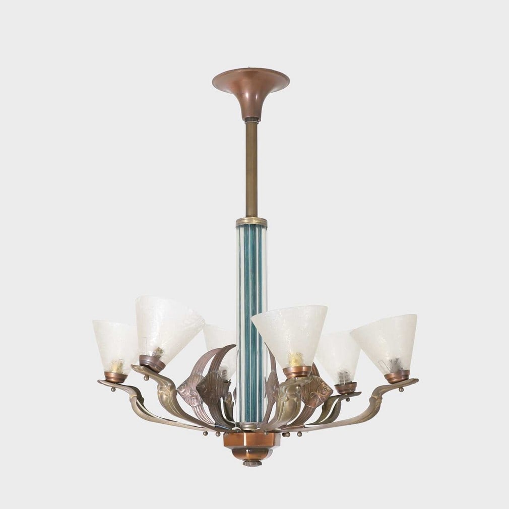French A six-branch ceiling light: French A six-branch ceiling light Copper and brass, the central column mounted with glass rods, and mounted with six 'Angel' fish, and fitted with six etched conical glass shades (64cm
