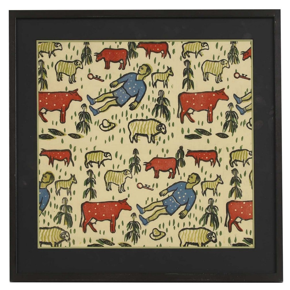 Milwaukee Works Projects Administration (WPA) Handicraft Project 'Blue Boy': Milwaukee Works Projects Administration (WPA) Handicraft Project 'Blue Boy' c.1935-42, hand block printed linen (41 x 38cm, overall 50.5 x 53.5cm) Provenance: Milwaukee WPA Handicraft Project.