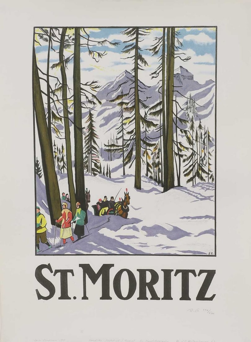 Emil Cardinaux (Swiss, 1877-1936) 'St Moritz': Emil Cardinaux (Swiss, 1877-1936) 'St Moritz' A lithographic poster printed on handwoven paper, originally published 1917, printed c.1980s, printed by Handlithography, numbered 234/500 (45.3cm x 56.5c