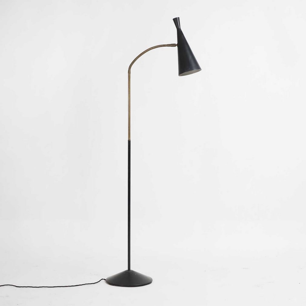 G A Scott for MacLamp A floor lamp: G A Scott for MacLamp A floor lamp 1950s, with adjustable neck and black shade, aluminium and brass, stamped 'MADE IN ENGLAND' (169cm high fully extended) Condition Report: Some loses to the black