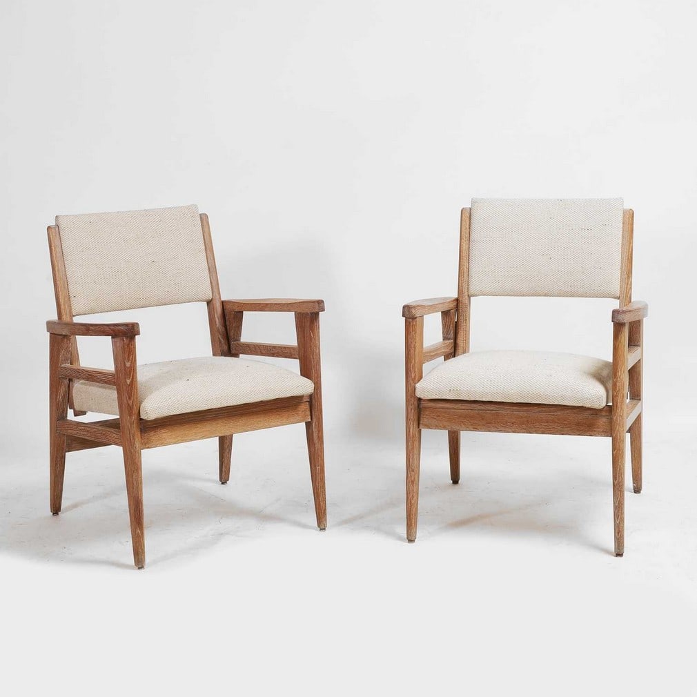 French A pair of limed oak low chairs or chauffeuses (1 of 7)