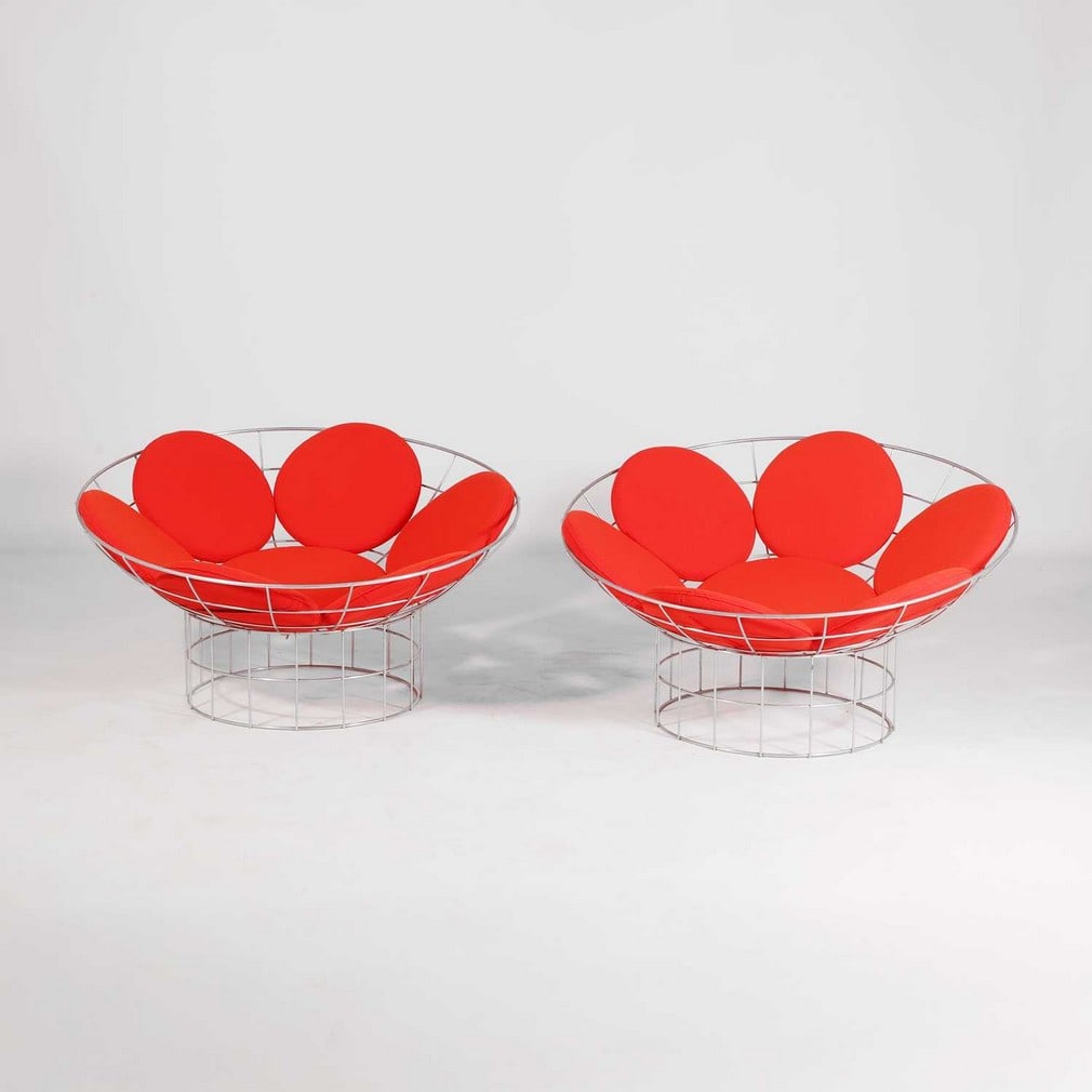 Verner Panton (Danish, 1926-1998) A pair of 'Peacock' chairs: Verner Panton (Danish, 1926-1998) A pair of 'Peacock' chairs Originally designed 1959-60 and manufactured by for Plus-Linje, 1960s, the chrome-plated steel frame with red upholstered cushion pads by