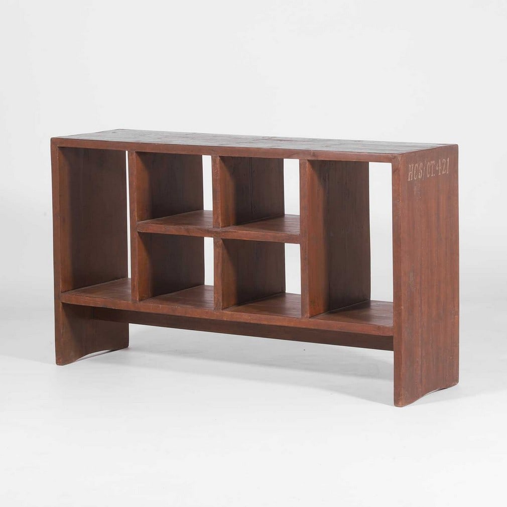 Pierre Jeanneret (Swiss, 1896-1967) A file rack: Pierre Jeanneret (Swiss, 1896-1967) A file rack c.1955, designed for Chandigarh, teak, painted 'HCS/OT.421', together with Certificate of Authenticity from Jacques Dworczak (121.5cm wide, 36cm