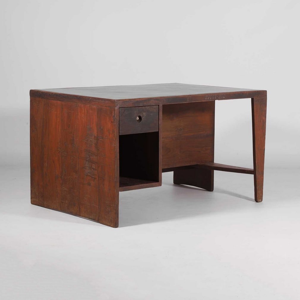 Pierre Jeanneret (Swiss, 1896-1967) A 'PJ-BU-02-A' or 'Pigeonhole' desk: Pierre Jeanneret (Swiss, 1896-1967) A 'PJ-BU-02-A' or 'Pigeonhole' desk c.1957, designed for Chandigarh, teak and leather, painted 'DPIHT - 356', together with Certificate of Authenticity from Jacques