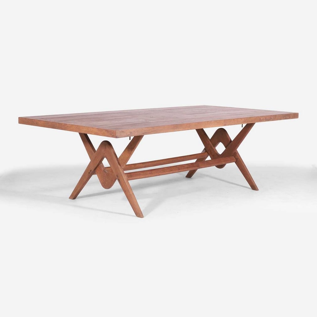 Pierre Jeanneret (Swiss, 1896-1967) A model 'PJ020111' dining table: Pierre Jeanneret (Swiss, 1896-1967) A model 'PJ020111' dining table Also known as a 'Committee table', c.1963-64, designed for Chandigarh, teak, the rectangular tabletop raised on crossed boomerang
