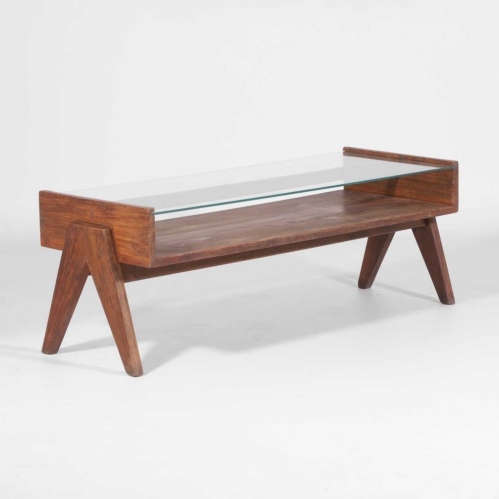Pierre Jeanneret (Swiss, 1896-1967) A coffee table: Pierre Jeanneret (Swiss, 1896-1967) A coffee table c.1960, designed for Chandigarh, teak and glass, painted 'PGI/310/II N.H', together with Certificate of Authenticity from Jacques Dworczak (121cm