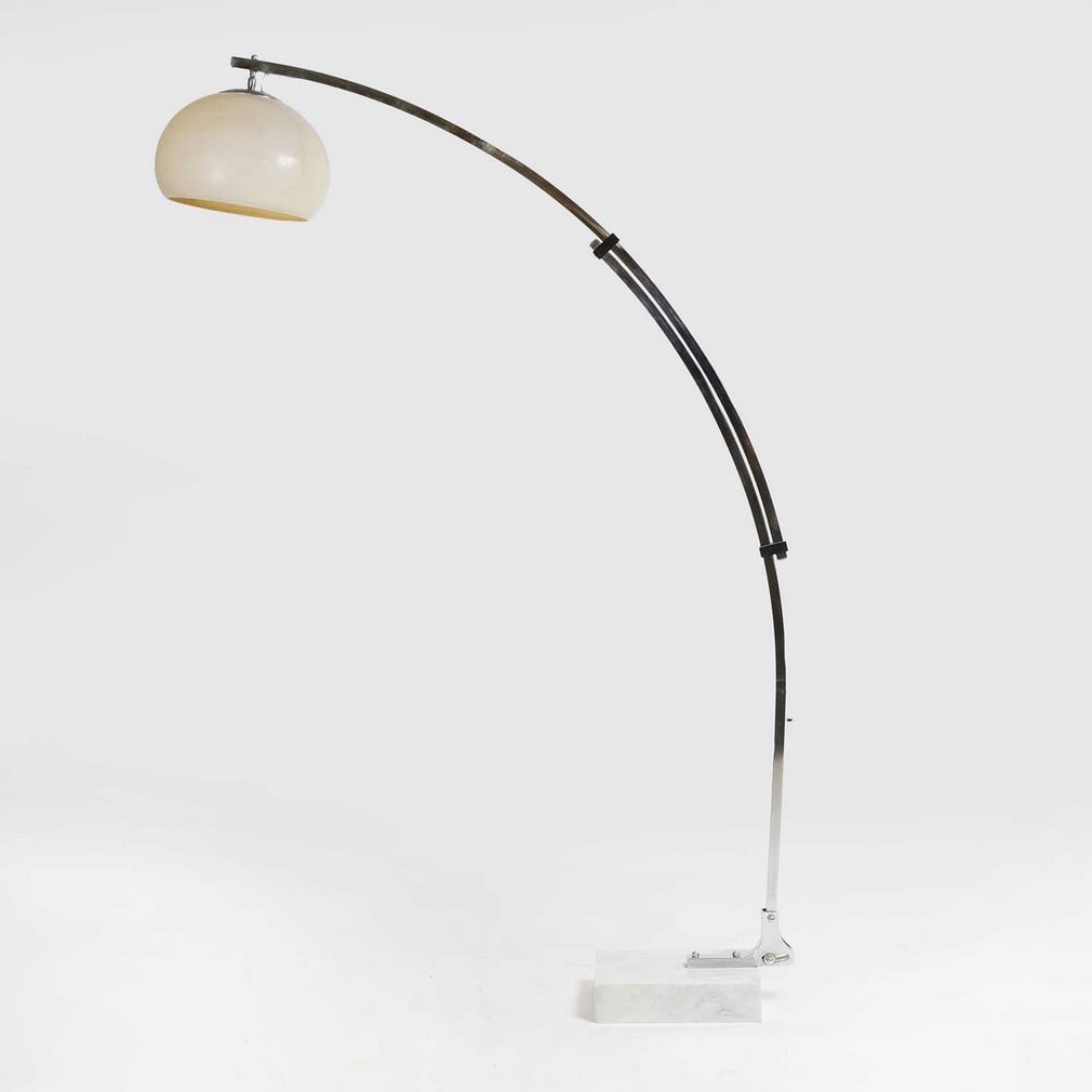 Goffredo Reggiani (Italian, b.1929) for Studio Reggiani An 'Arc' lamp: Goffredo Reggiani (Italian, b.1929) for Studio Reggiani An 'Arc' lamp c.1960s, the adjustable curved polished aluminium stem with an cream rounded acrylic shade, supported on a rectangle marble