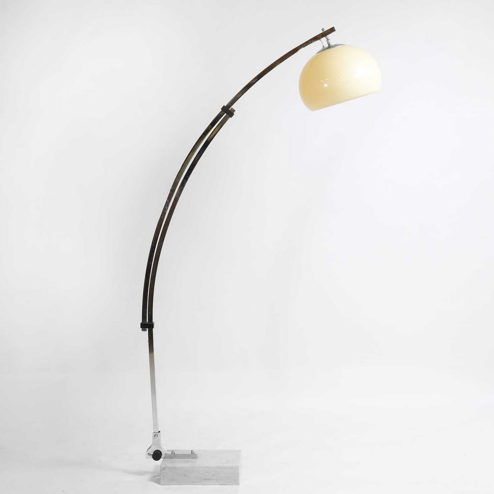 Goffredo Reggiani (Italian, b.1929) for Studio Reggiani An 'Arc' lamp: Goffredo Reggiani (Italian, b.1929) for Studio Reggiani An 'Arc' lamp c.1960s, the adjustable curved polished aluminium stem with an cream rounded acrylic shade, supported on a rectangle marble