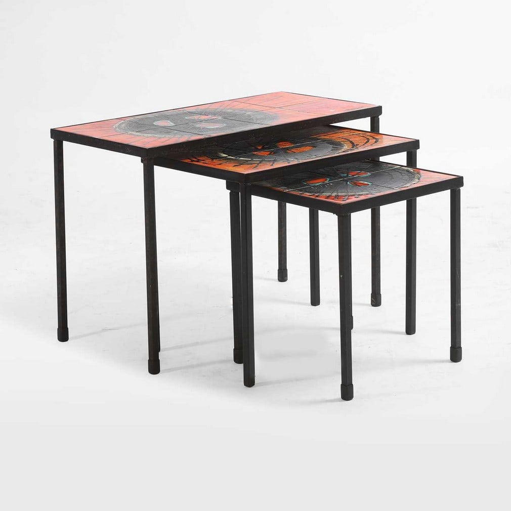Juliette Belarti (Belgian, 20th century) A nest of brutalist tables: Juliette Belarti (Belgian, 20th century) A nest of brutalist tables 1960s-70s, each with eight, six, and four tile inset tops, each table signed (largest, 63cm wide, 32cm deep, 44.5cm high)