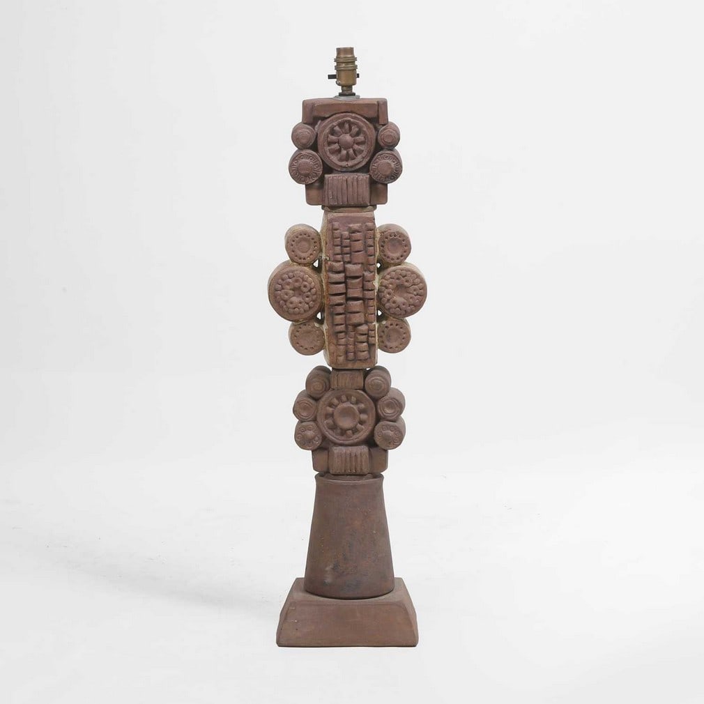 ▲ Bernard Rooke (b.1938) A stoneware lamp: ▲ Bernard Rooke (b.1938) A stoneware lamp 1972-73, with incised decoration, of totem construction in five sections, together with a certificate of authenticity (22cm wide, 16cm deep, 76cm high (