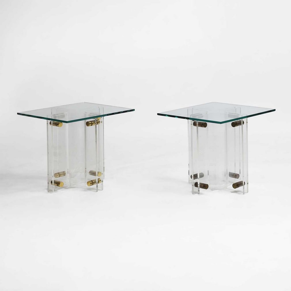 David Lange (French) A pair of occasional tables: David Lange (French) A pair of occasional tables c.1970, Lucite, glass, brass, each with a rectangular top over an 'X'-form stand (43cm wide, 38cm deep, 39cm high) (2)