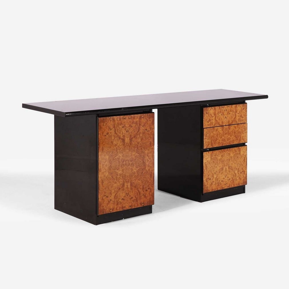 Miniforms A lacquered walnut sideboard: Miniforms A lacquered walnut sideboard c.1970s, the black-lacquered wood top, over a cupboard section to the left, opening to reveal a shelf and a two drawers and a cupboard to the right (188cm