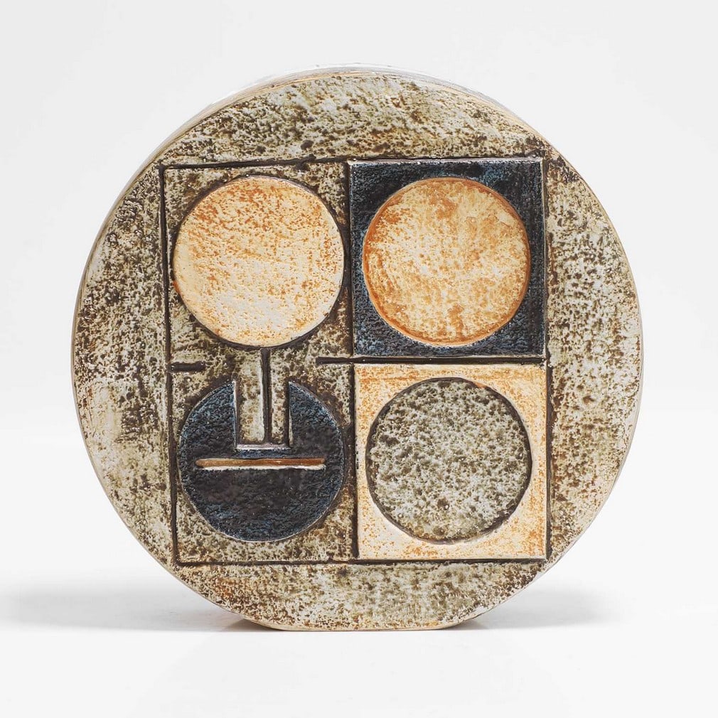 Troika Pottery A 'Wheel' vase: Troika Pottery A 'Wheel' vase Cast in low relief with geometric panels in shades of blue and buff, painted marks and artist's monogram (19.5cm high) Provenance: A private collection, Norfolk.