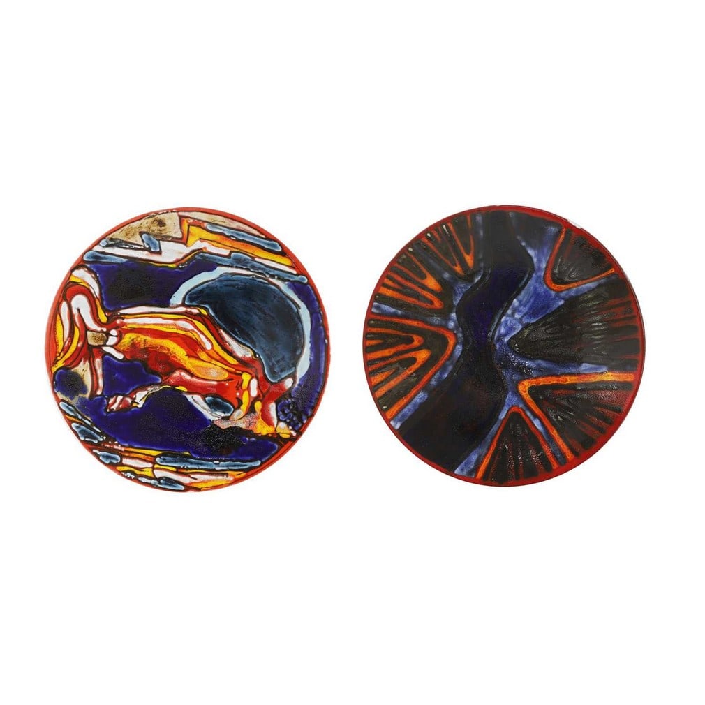 Poole Pottery Two 'Delphis' chargers: Poole Pottery Two 'Delphis' chargers c.1960s, shape no.54, printed marks and artists' marks (each 41.5cm diameter) (2) Condition Report: Fair, no damages, some crazing.