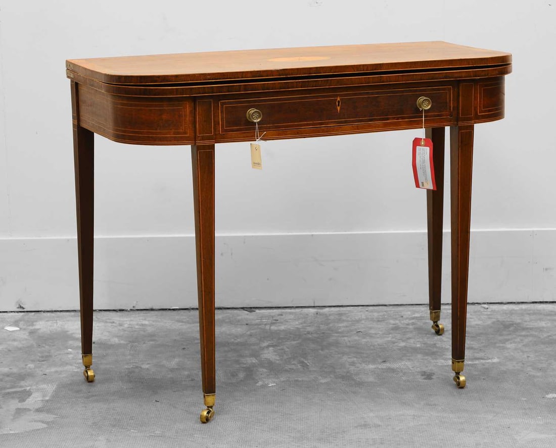 A George III mahogany, rosewood and fruitwood-strung card table Circa 1810, Scottish, by Bruce & Bur (1 of 3)