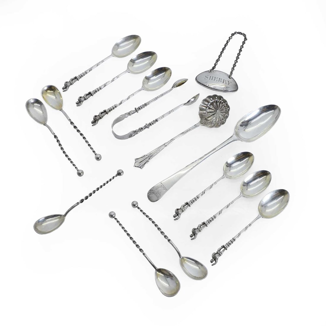 A collection of silver spoons: A collection of silver spoons to include silver apostle spoons, London, 1895 11cm long, a set of five twisted stem teaspoons stamped '8300', a spoon by Matthew Boulton & John Fothergill, Birmingh