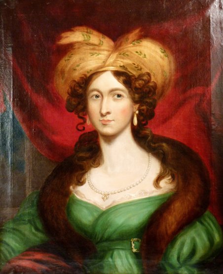 English School (c.1830), PORTRAIT OF A LADY, HALF LENGT: English School (c.1830), PORTRAIT OF A LADY, HALF LENGTH, IN A GREEN DRESS, FUR STOLE AND GOLD HAT Inscribed on label verso 'Ann, Wife of Alan Hoe? of the Isle of Bute, from the collection of Lord Ten