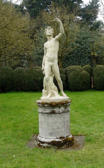After Jacopo Sansovino: a composition stone figure of B: After Jacopo Sansovino: a composition stone figure of Bacchus and a young satyr, (SH) second half 20th century, on cylindrical column pedestal, 242cm high A modern copy after a copy from the studio of