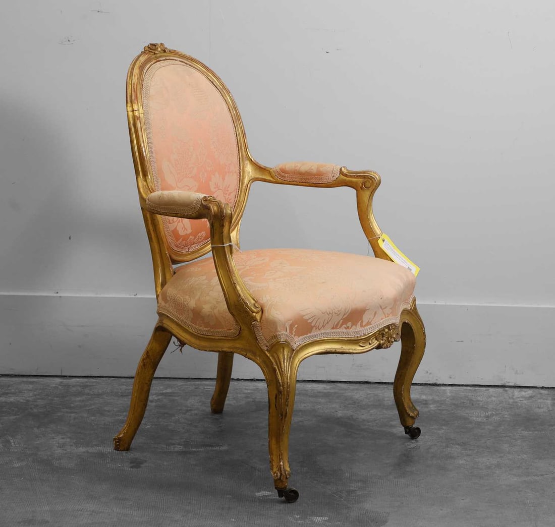 An English giltwood open armchair, late 19th century (1 of 2)