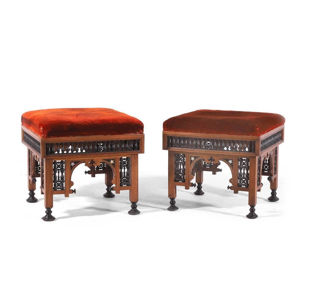 Giuseppe Parvis (Italian, 1831-1909), a pair of walnut and ebonised stools, late 19th century, (1 of 4)