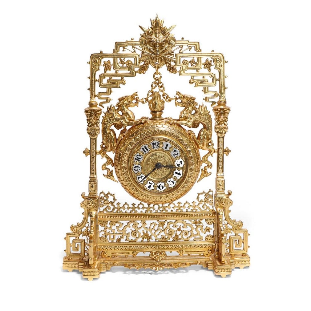 A gilt-brass Japonesque mantel timepiece, Circa 1880, French, (1 of 4)