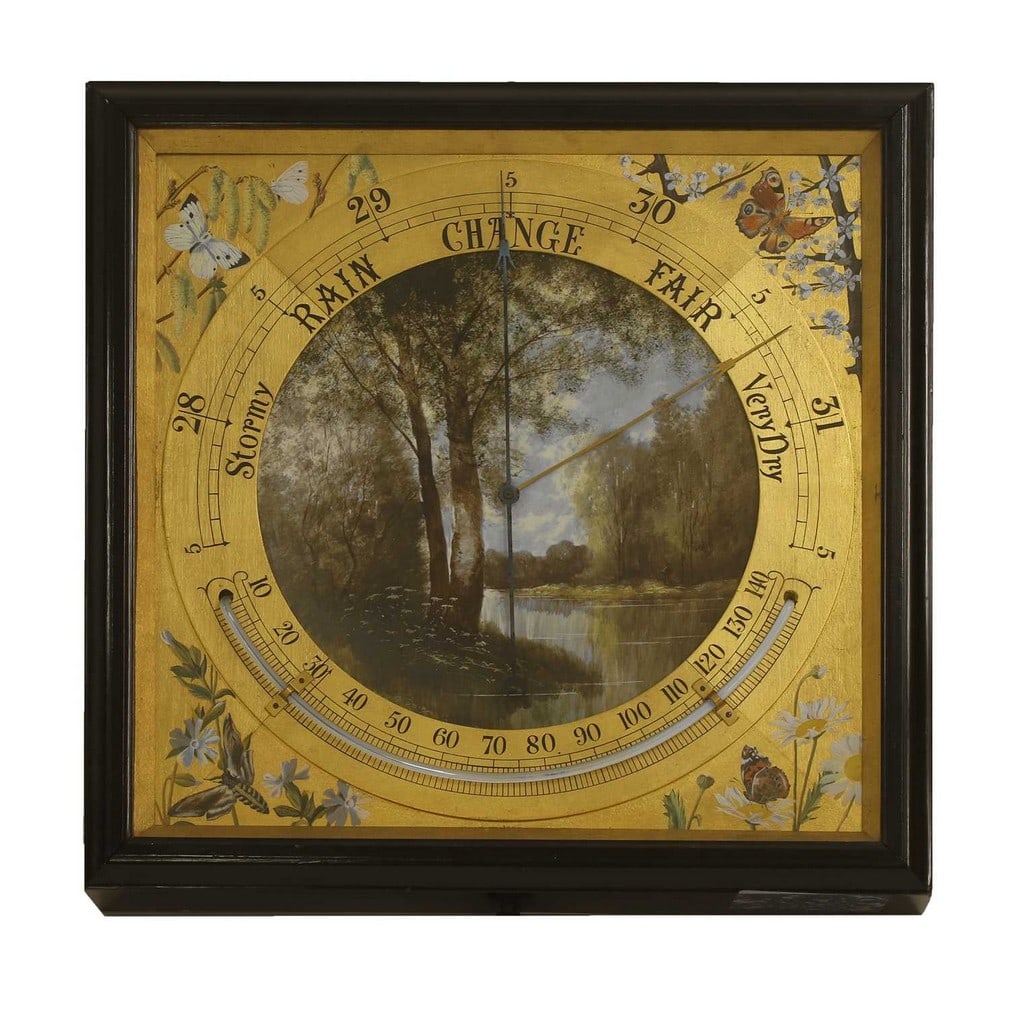 A Victorian painted barometer, late 19th century,: A Victorian painted barometer, late 19th century, the centre painted with trees beside a lake, enclosed within a gilt border, the corners painted with butterflies amongst foliage, complete with a curv
