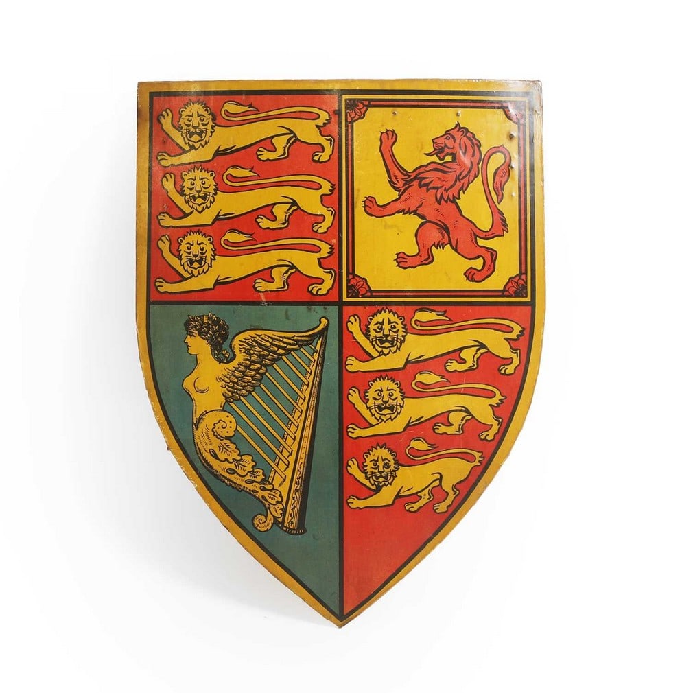 A wooden painted royal coat of arms shield, early to mid-20th century, (1 of 2)