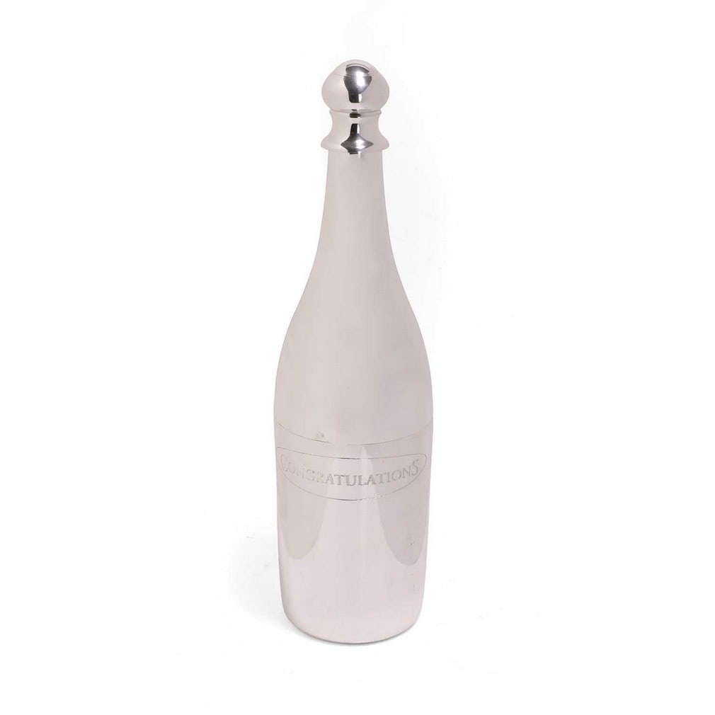 A chromed champagne bottle holder, of recent manufacture,: A chromed champagne bottle holder, of recent manufacture, the front engraved 'Congratulations' (11cm diameter, 41cm high)