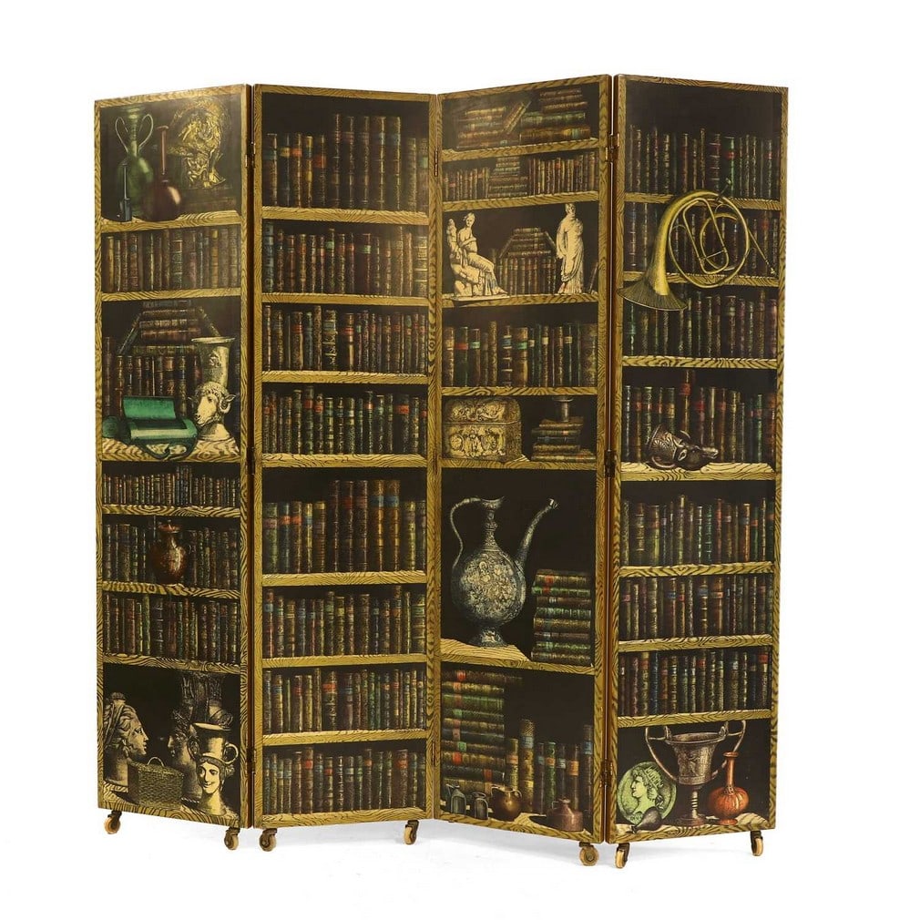 Piero Fornasetti (Italian, 1913-1988), a four-panel 'Libreria' screen, c.1955, (1 of 13)