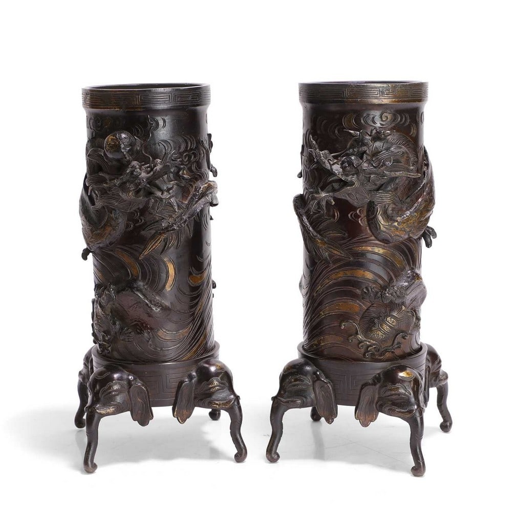 A pair of bronze cylindrical vases, Meiji Period (1868-1912), Japanese, (1 of 3)