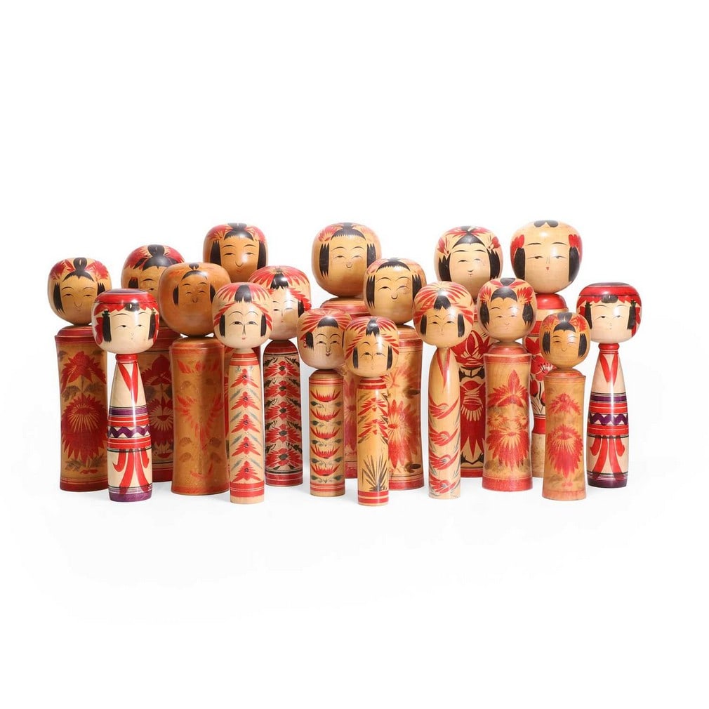 A group of seventeen wooden kokeshi dolls, 20th century, Tohoku, Japanese, (1 of 3)