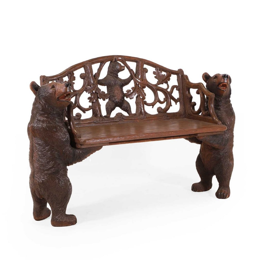 A Black Forest carved linden wood bench, c.1900, Swiss, (1 of 5)