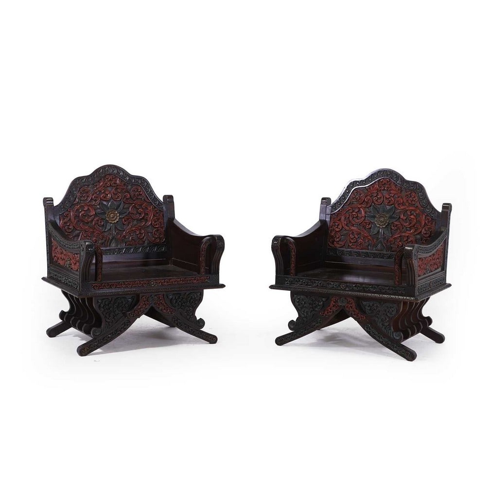 A pair of carved hardwood howdah chairs, c.1900, Southeast Asian, (1 of 3)