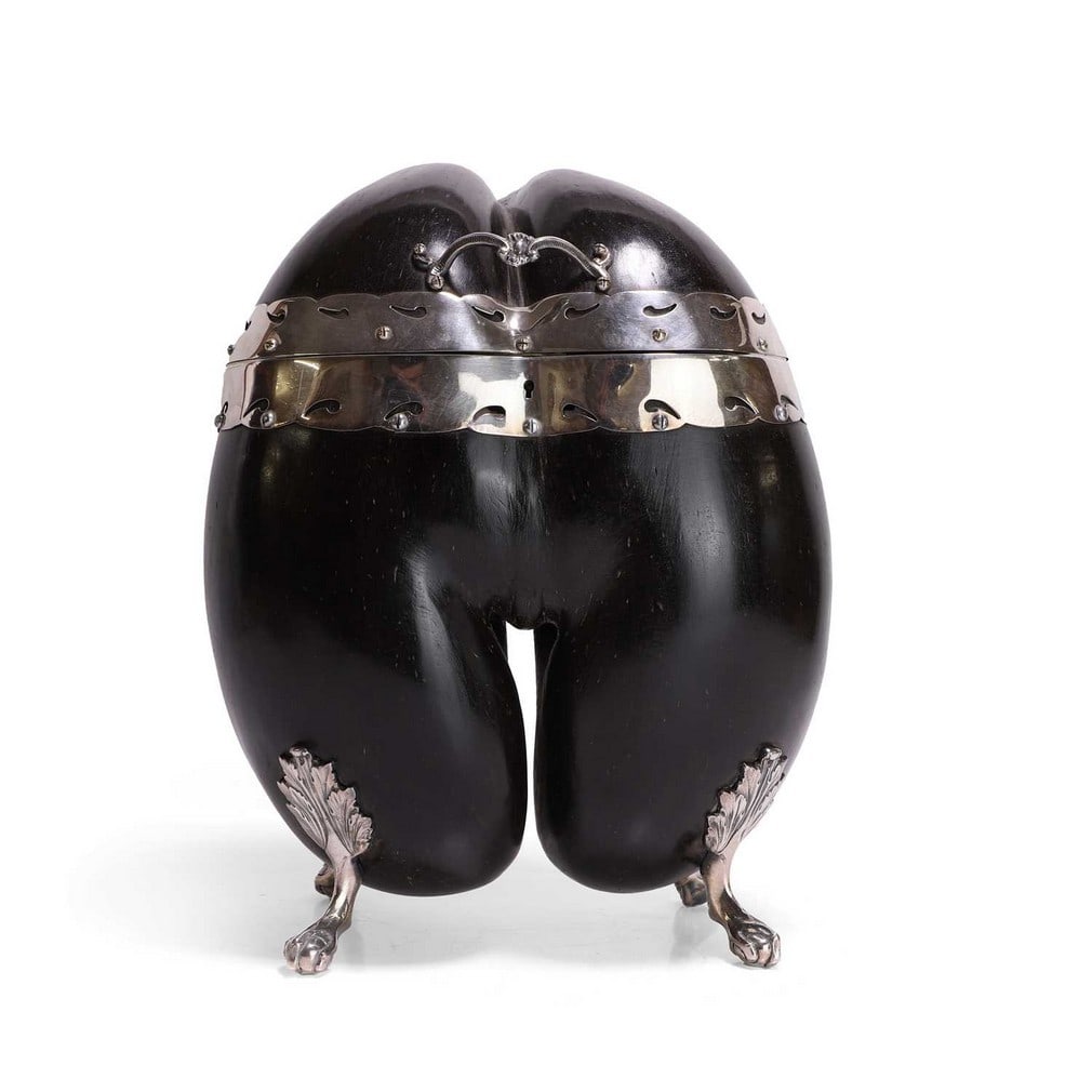 A silver-plate-mounted coco de mer tea caddy, late 19th century, (1 of 4)