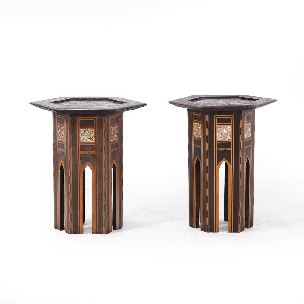 A near pair of hardwood and mother-of-pearl inlaid occasional tables, 20th century, Syrian, (1 of 3)