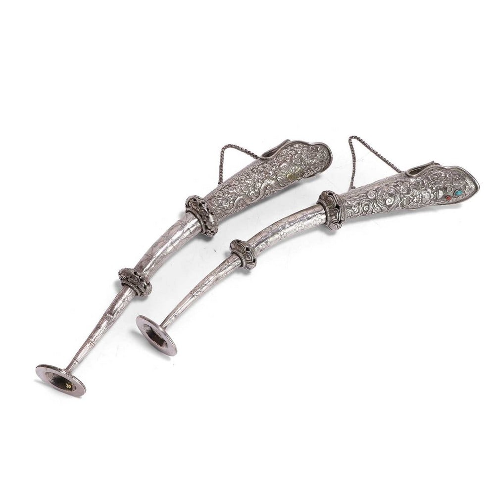 Two telescopic silver ritual horns, 19th century, Tibetan, (1 of 4)