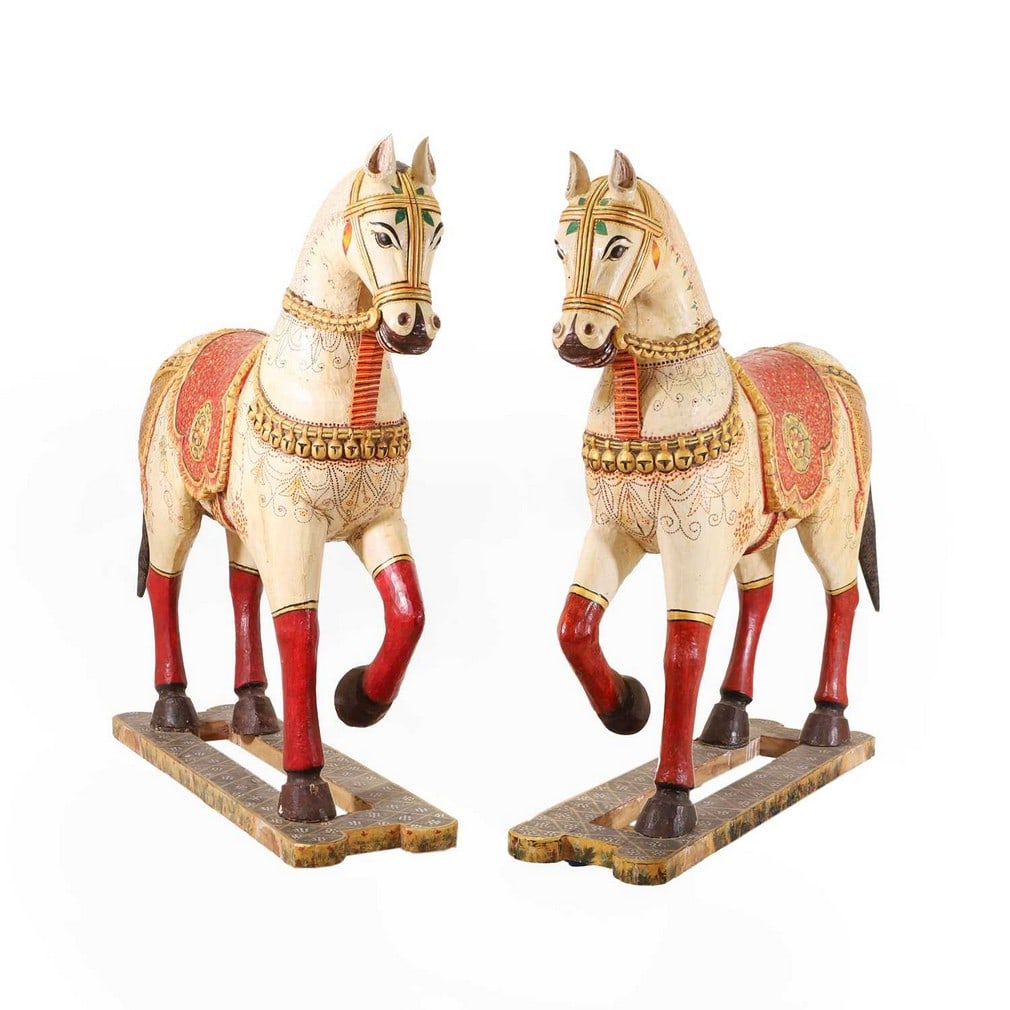 A pair of large lacquered and painted wooden horses, 19th-20th century, Indian, (1 of 5)