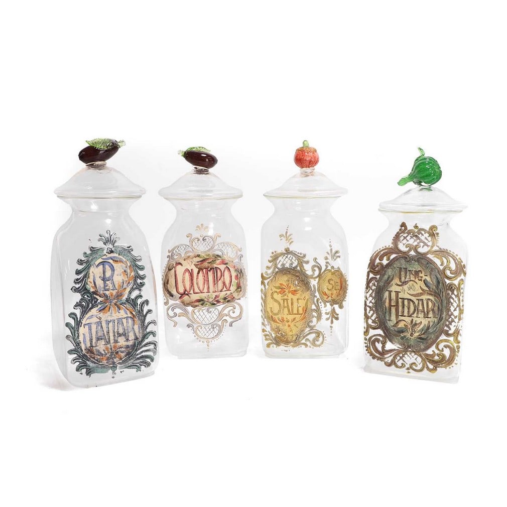 A set of four enamelled glass apothecary jars, second half of the 20th century, Italian, (1 of 3)