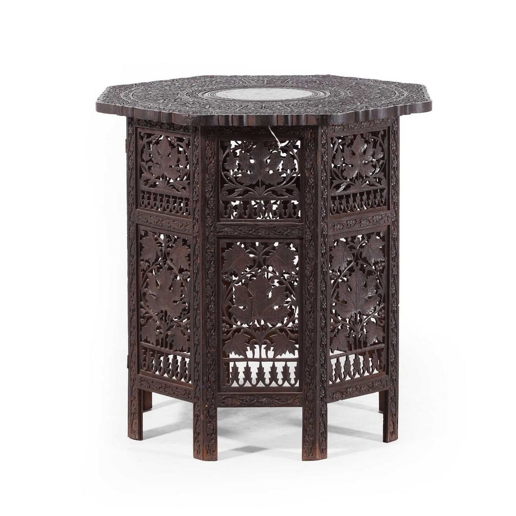A carved hardwood and ivory-inlaid occasional table, 19th-20th century, Indian, (1 of 3)
