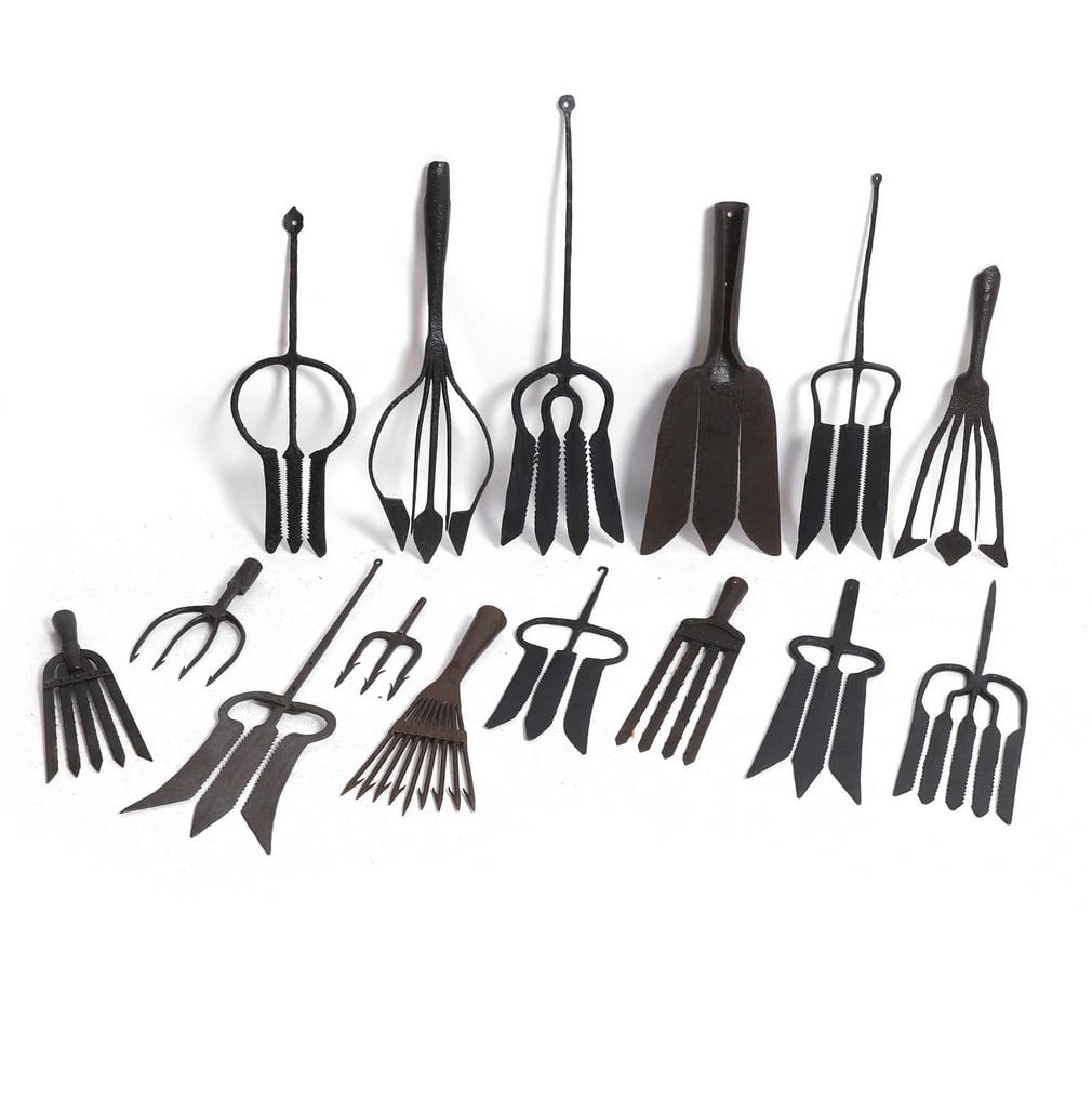 A group of fifteen wrought-iron eel gleaves, 18th and 19th century, probably East Anglian, (1 of 4)