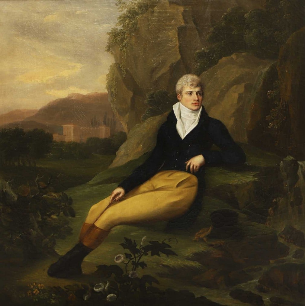 German School, early 19th century Portrait of a young man, full-length seated, in a rocky Italianate: German School, early 19th century Portrait of a young man, full-length seated, in a rocky Italianate landscape oil on canvas (104 x 105cm; framed 123 x 124cm, in an Empire giltwood frame) Condition Re